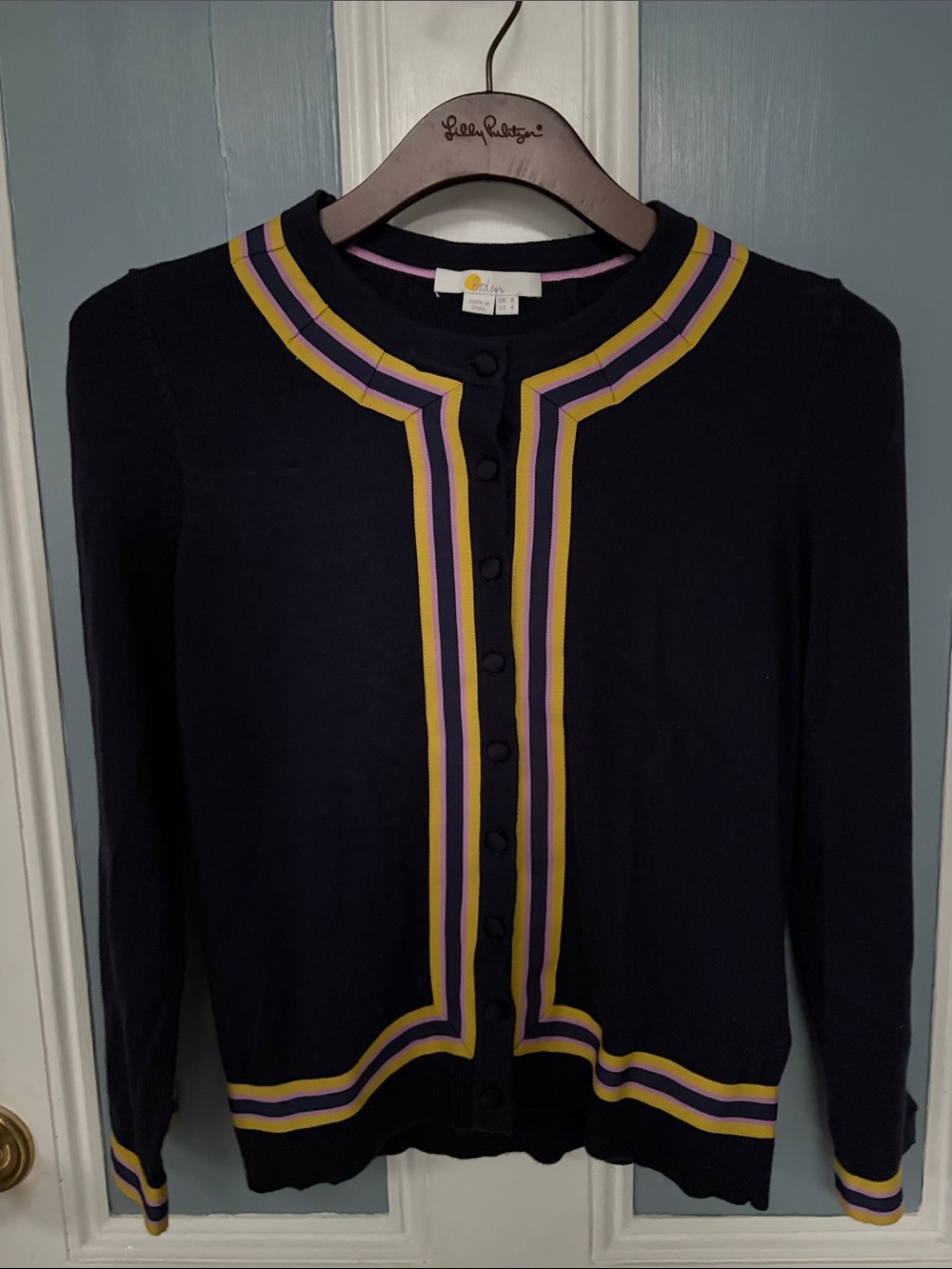 Boden Abigail Grossgrain Ribbon Trim Button Down Cardigan in Navy - Picture 3 of 7